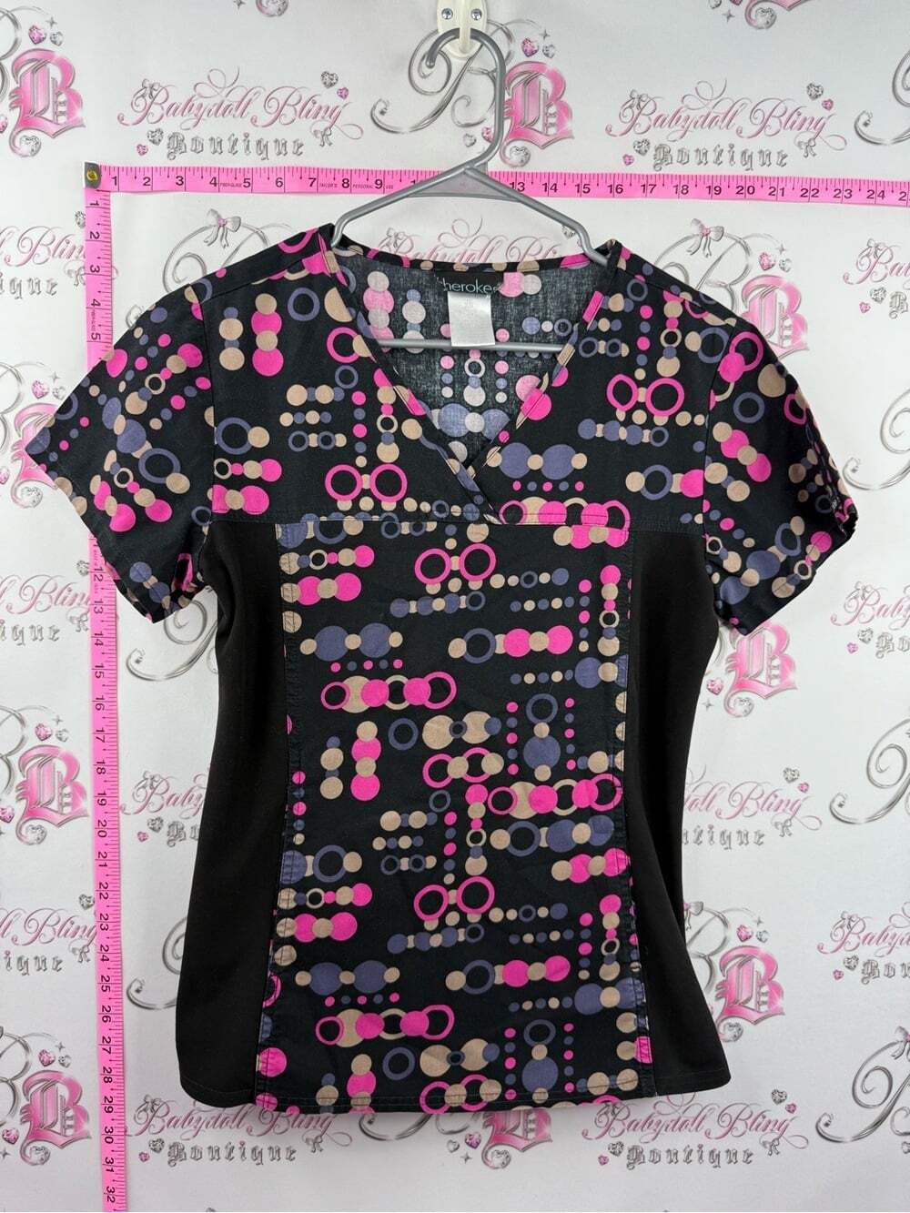 Cherokee tshirt top Black Scrub Top with Pink and Taupe Dot Pattern funky groovy
